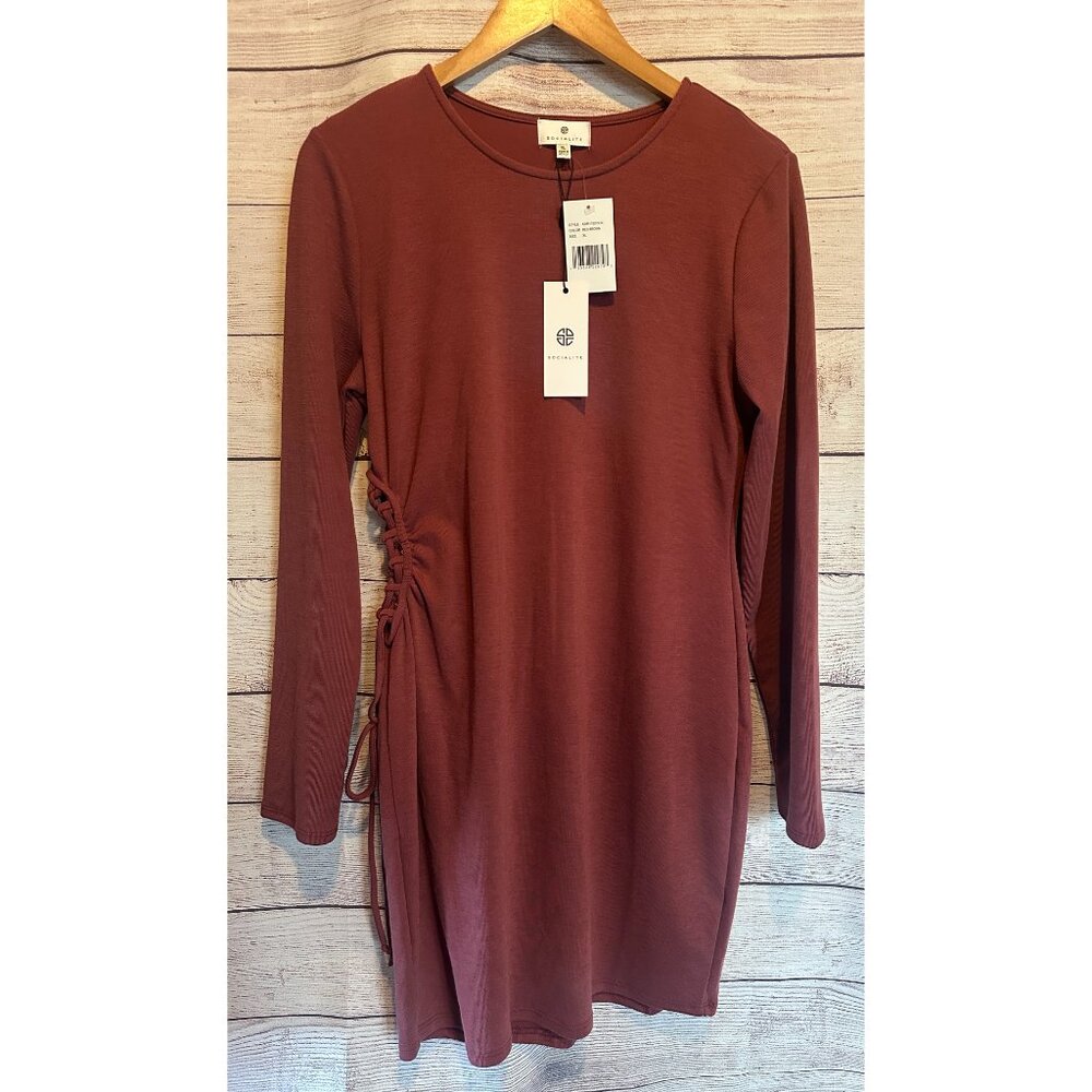 Socialite NWT Long Sleeve Side Cutout Bodycon Mini Dress XL Red Brown